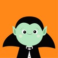 Count Dracula headwearing black and red cape. Cute cartoon vampire character. Green sad face with fangs. Happy Halloween. Greeting Royalty Free Stock Photo