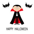 Count Dracula wearing black and red cape. Cute cartoon vampire character with fangs. Two flying bat animal. Happy Halloween. Flat Royalty Free Stock Photo