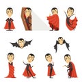 Count Dracula wearing red cape. Set of cute cartoon vampire characters vector illustrations Royalty Free Stock Photo
