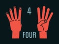 Count on fingers. Number four. Gesture. Stylized hands with index, middle, ring and little fingers up. Vector