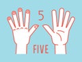 Count on fingers. Number one. Gesture. Stylized hands with all fingers up. Vector.