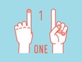 Count on fingers. Number one. Gesture. Stylized hands with index up. Vector.