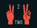 Count on fingers. Number two. Gesture. Stylized hands with index and middle finger up. Vector. Royalty Free Stock Photo