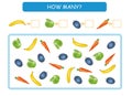 Count how many fruits and vegetables. Write the answers. Counting game for preschool children. Vector illustration.