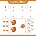 Count and match, count the number of Baseball Glove, Golf Gloves, Cap Hat, Baseball Bat and match with the right numbers.