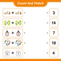 Count and match, count the number of Helmet, Shoes, Bowling Pin, Dumbbell, Punching Bag and match with the right numbers. Royalty Free Stock Photo