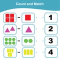 Counting and Matching Game for Preschool Children. Math Worksheet for Preschool. Geometric shapes theme