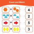 Counting and Matching Game for Preschool Children. Math Worksheet for Preschool. Geometric shapes theme.