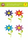 Count the math examples and find out which of the flowers is correct. Teaching page for young schoolchildren. Vector illustration.