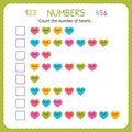 Count the number of hearts. Worksheet for kindergarten and preschool. Training to write and count numbers. Exercises for children.