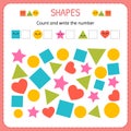 Count and write the number. Learn shapes and geometric figures. Preschool or kindergarten worksheet