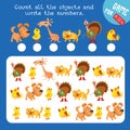 Count and write numbers. Game for children. How many animals do you see here. Math worksheet for kids. Vector color Royalty Free Stock Photo