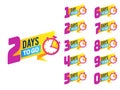 Countdown badges. Product limited promo, number of days left to go. Big deal offer, sale banners with timer, clock