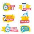 Countdown badges. Promotional hot offers fast sales fire emblem big deals vector marketing stickers collection Royalty Free Stock Photo