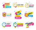Countdown badges set. One hour day sale 1 week to go last pay offer shop only now label sticker