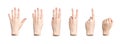 Countdown hand gesture. Finger showing from five to till one, zero. Counting numbers, isolated sign.