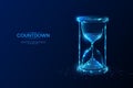 Countdown hourglass. Sand clock. Digital timer. Time of deadline. 3D sandglass. Polygon and blue light sparks. History