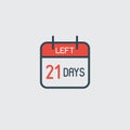 Countdown daily page calendar icon 21 days left. Number day to go. Agenda app, business deadline, date. Reminder, schedule simple