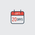 Countdown daily page calendar icon 20 days left. Number day to go. Agenda app, business deadline, date. Reminder, schedule simple