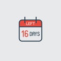 Countdown daily page calendar icon 16 days left. Number day to go. Agenda app, business deadline, date. Reminder, schedule simple