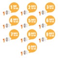 Countdown timer illustration set. Days number labels. Orange vector promotion bubbles. Time left banner collection. Royalty Free Stock Photo