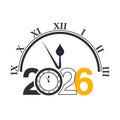 Countdown to new year with clock graphic showing year 2026 and time markers