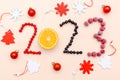 Countdown to New Year.2023 lettering number shaped with sweet fresh raspberry, currant,berry on pink background