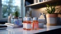 A counter with bottles and jars with different medicaments and with documents