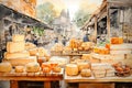 Counter of cheeses in the market of a European city. Assortment of Italian cheeses. Watercolor. AI generated.