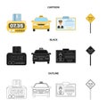 The counter of the fare in the taxi, the taxi car, the driver badge, the parking lot of the car. Taxi set collection