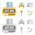 The counter of the fare in the taxi, the taxi car, the driver badge, the parking lot of the car. Taxi set collection