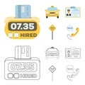 The counter of the fare in the taxi, the taxi car, the driver badge, the parking lot of the car. Taxi set collection