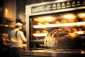 counter with fresh soft baked bread on blurry background