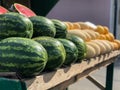 Counter with melons and watermelons.