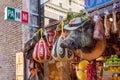 Rome, Italy - November 11, 2018: Counter of the Minimarket in Rome, Italy with fruits, meats. Exterior decor in the form