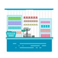 Counter stand in shop or supermarket. Retail checkout in store. Royalty Free Stock Photo