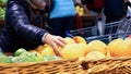 On the counter of the store fruit. A woman chooses a grapefruit. C. Trade food supermarket. Organic vegetables. Fresh ripe foods. Royalty Free Stock Photo