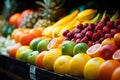 Counter in a store. Vibrant Fruit Market. A Feast of Colorful Fruits and Juicy Berries Await You.