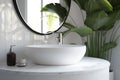 stylish design home interior white clean bathroom leaf sink tropical green. Generative AI.