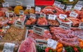 Counter at a typical French butcher`s shop with different kinds of meat, ham, sausages and other meats for sale in Paris, France Royalty Free Stock Photo