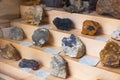 Counter with various semi-precious and ornamental stones. Names of stones in Spanish. Spain