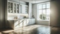 counter with white cabinets in a light, spacious kitchen with a window, located in a modern, empty open-plan Royalty Free Stock Photo
