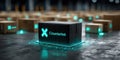 Counterfeit package glowing in warehouse, close up, futuristic, warning, fraud detection