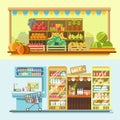 Counters of shop or store and supermarket product vector flat displays