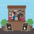 Counters Stalls. Stall with coffee and mulled wine. The guy and the girl sell. Vector illustration