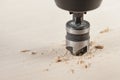 Countersink for deepening the self-tapping screw. A countersink drill makes a recess in a hole for a screw in a wooden Royalty Free Stock Photo