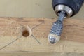 Countersink used in joinery for reaming holes. Joinery accessories on a workshop table