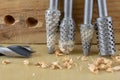 Countersink used in joinery for reaming holes. Joinery accessories on a workshop table Royalty Free Stock Photo