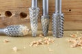 Countersink used in joinery for reaming holes. Joinery accessories on a workshop table