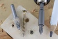 Countersink used in joinery for reaming holes. Joinery accessories on a workshop table